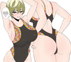 Rule 34 | 1girl, absurdres, armpits, arms behind head, ass, blonde hair, blue eyes, breasts, cleavage, come hither, covered navel, green hair, heart, heart-shaped pupils, highres, izumo tenka, large breasts, mato seihei no slave, one-piece swimsuit, seductive smile, short hair, sideboob, smile, swimsuit, symbol-shaped pupils, thong, tomboy