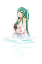 Rule 34 | 1girl, arceonn, blue eyes, breasts, green hair, hatsune miku, highres, long hair, partially submerged, perky breasts, simple background, solo, twintails, very long hair, vocaloid, wet