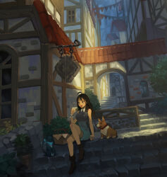 Rule 34 | 1girl, ahoge, animal, animal collar, ankle boots, architecture, atmospheric perspective, bare arms, bead bracelet, beads, black hair, blue scarf, blunt bangs, boots, bracelet, brown eyes, brown footwear, building, bush, chimney, clothed animal, cobblestone, collar, collared dress, commentary, ddubu, dress, eating, european architecture, fence, food, half-timbered, hand on ground, high heel boots, high heels, holding, holding food, house, jewelry, knee up, light, lunch, open mouth, original, outdoors, perspective, picnic basket, plant, potted plant, sandwich, scarf, scenery, sett, shade, sign, single wrist cuff, sitting, sitting on stairs, sleeveless, sleeveless dress, solid oval eyes, stairs, stone stairs, straight hair, string of flags, sunlight, teeth, tile roof, tongue, tongue out, town, tree, upper teeth only, white wrist cuffs, wide shot, window, wing collar, wrist cuffs, zooming in
