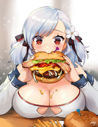 Rule 34 | 1girl, absurdres, bacon, bare shoulders, beef, bikini, black ribbon, blush, breast rest, breasts, breasts on table, burger, cheese, cleavage, eating, flower, food, food on body, food on breasts, french fries, girls&#039; frontline, hair flower, hair ornament, hair ribbon, heart, highres, holding, holding food, large breasts, lettuce, long sleeves, noixen, off shoulder, official alternate costume, red eyes, ribbon, short hair, sign, silver hair, solo, spas-12 (girls&#039; frontline), spas-12 (midsummer fruit) (girls&#039; frontline), strapless, strapless bikini, swept bangs, swimsuit, table, tomato, upper body, white bikini, white flower