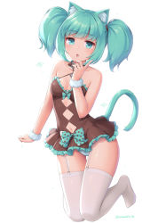 Rule 34 | 1girl, animal ears, argyle, argyle clothes, argyle cutout, bare shoulders, bell, belt collar, blue bow, blue eyes, blush, bow, brown dress, cat ears, cat tail, clothing cutout, collar, dress, garter straps, hand up, highres, index finger raised, jingle bell, looking at viewer, medium hair, navel, navel cutout, no shoes, original, panties, parted lips, sasaame, short dress, simple background, solo, tail, thigh gap, thighhighs, twintails, twitter username, underwear, white background, white panties, white thighhighs, wristband
