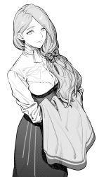 Rule 34 | 1girl, bow, breasts, commentary request, cowboy shot, fire emblem, fire emblem: three houses, garreg mach monastery uniform, greyscale, hair bow, highres, holding, ikarin, long hair, long skirt, long sleeves, looking at viewer, mercedes von martritz, monochrome, nintendo, simple background, skirt, solo, white background