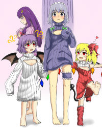 Rule 34 | 4girls, :t, ?, alternate costume, anger vein, barefoot, bat wings, blonde hair, blush, bow, braid, breasts, cameltoe, cleavage cutout, clothing cutout, crescent, crescent hair ornament, fang, fangs, flandre scarlet, flat chest, groin, hair bow, hair ornament, hair ribbon, heart, highres, izayoi sakuya, laevatein, large breasts, leg up, long hair, long sleeves, maid, maid headdress, meme attire, multiple girls, naked sweater, nipples, no pants, open-chest sweater, open mouth, oversized clothes, panties, patchouli knowledge, paulster30, porurin (do-desho), pout, purple eyes, purple hair, red eyes, remilia scarlet, ribbed sweater, ribbon, siblings, side ponytail, silver hair, sisters, sleeves past wrists, smile, sweater, thigh strap, touhou, tress ribbon, turtleneck, twin braids, underwear, white panties, wings