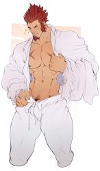 Rule 34 | 1boy, abs, absurdres, alternate costume, bara, beard, biceps, blue eyes, body hair, brown hair, facial hair, fate/grand order, fate (series), highres, holo eden, long sideburns, long sleeves, male focus, muscular, napoleon bonaparte (fate), navel, nipples, open clothes, pants, partially undressed, pectorals, scar, shirt, simple background, solo, thighs, upper body