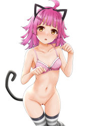 Rule 34 | 1girl, absurdres, ahoge, animal ears, bare arms, bare shoulders, blush, bottomless, bow, bow bra, bra, breasts, brown eyes, cat ears, cat tail, censored, collarbone, fake animal ears, feet out of frame, frilled bra, frills, groin, hands up, heart, heart censor, highres, long hair, looking at viewer, love live!, love live! nijigasaki high school idol club, miel (lessontome), navel, nose blush, parted lips, paw pose, pink bra, pink hair, pussy, simple background, small breasts, solo, striped clothes, striped thighhighs, sweat, tail, tennoji rina, thigh gap, thighhighs, underwear, underwear only, white background