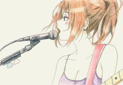 Rule 34 | 1girl, absurdres, bare shoulders, bbmasa, blush, breasts, brown hair, cleavage, collarbone, colored pencil (medium), earrings, electric guitar, guitar, hibike! euphonium, highres, holding, holding instrument, instrument, jewelry, liz to aoi tori, long hair, microphone, music, nakagawa natsuki, open mouth, playing instrument, ponytail, purple eyes, singing, solo, spaghetti strap, tank top, traditional media