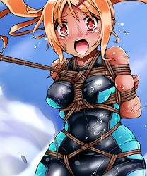 Rule 34 | 1girl, arms behind back, bdsm, blonde hair, bondage, bound, crying, crying with eyes open, highres, lilish, long hair, one-piece swimsuit, original, red eyes, shibari, solo, swimsuit, tears