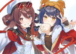 2girls absurdres baozi blue_hair blush braid brown_hair chinese_clothes eyewear_on_head food genshin_impact grin hair_ornament hair_rings hairclip hat highres hu_tao_(cherries_snow-laden)_(genshin_impact) hu_tao_(genshin_impact) long_hair long_sleeves looking_at_viewer multiple_girls nail_polish red_eyes selfie smile sunglasses symbol-shaped_pupils tsukimori_mochi twin_braids twintails v xiangling_(genshin_impact) xiangling_(new_year&#039;s_cheer)_(genshin_impact) yellow_eyes