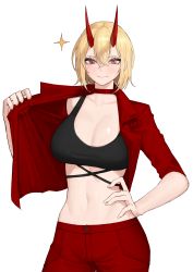 Rule 34 | 1girl, absurdres, black bra, blonde hair, blush, bob cut, bra, breasts, character request, choker, cleavage, closed mouth, commentary, contrapposto, cowboy shot, crossed bangs, dungeon and fighter, english commentary, hair between eyes, hand on own hip, highres, horns, jacket, large breasts, looking at viewer, medium hair, midriff, open clothes, open jacket, pants, red choker, red eyes, red jacket, red pants, rktlek159, simple background, smile, solo, sparkle, stomach, underwear, white background
