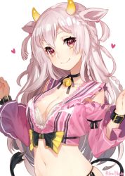 Rule 34 | 1girl, animal ears, bell, blush, bra, braid, breasts, choker, cleavage, cow ears, cow girl, cow horns, cow tail, detached sleeves, heart, horns, large breasts, long hair, looking at viewer, mika pikazo, multiple braids, navel, neck bell, original, purple eyes, ribbon choker, silver hair, simple background, smile, solo, star (symbol), star in eye, symbol in eye, tail, underwear, upper body, white background, white bra