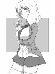 Rule 34 | 1girl, absurdres, blazer, blouse, breast hold, breasts, closed mouth, collared shirt, commentary request, cowboy shot, dress shirt, girls und panzer, greyscale, highres, jacket, kay (girls und panzer), large breasts, long hair, long sleeves, looking to the side, medium breasts, monochrome, necktie, open clothes, open jacket, partial commentary, renshiu, saunders school uniform, school uniform, shirt, sleeves rolled up, smile, solo, standing, thighhighs, wing collar