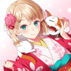 Rule 34 | 1girl, animal, arm up, blonde hair, blunt bangs, blush, bob cut, cat, closed mouth, commentary request, floral print, flower, gradient background, green eyes, hair flower, hair ornament, hairclip, happy new year, huyumitsu, japanese clothes, kimono, long sleeves, looking at viewer, nasu rei, new year, no pupils, obi, pink flower, print kimono, sash, short hair, smile, solo, upper body, world trigger, yukata
