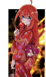 Rule 34 | 1girl, ahoge, arm at side, back bow, bag, blue eyes, blurry, blurry background, blush, bow, breasts, candy, candy apple, commentary, cowboy shot, double-parted bangs, eyebrows hidden by hair, festival, floral print, food, from side, go-toubun no hanayome, hair between eyes, hair over shoulder, hand up, highres, holding, holding bag, holding candy, holding food, japanese clothes, kimono, large breasts, long hair, long sleeves, looking at viewer, mame1645, nakano itsuki, night, notice lines, open mouth, photo background, purple bow, purple sash, red hair, red kimono, sash, sidelocks, solo, standing, wide sleeves, yukata