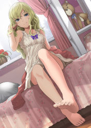 Rule 34 | 1girl, arm at side, bare legs, barefoot, bed, bed sheet, blonde hair, blue bow, blue eyes, blush, bow, breasts, closed mouth, collarbone, dress, dutch angle, feet, flower, foot focus, foreshortening, frilled dress, frills, hand in own hair, highres, indoors, long hair, looking at viewer, medium breasts, on bed, original, panties, pantyshot, plant, potted plant, red flower, red rose, revision, rose, shelf, sitting, sleeveless, sleeveless dress, soles, solo, stuffed animal, stuffed toy, sundress, teddy bear, toes, underwear, wavy hair, white dress, white panties, window, windowsill, yoropa