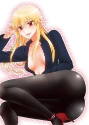 Rule 34 | 1girl, ass, bad id, bad pixiv id, black pantyhose, blonde hair, blush, breasts, cleavage, cross, cross necklace, earrings, fate/zero, fate (series), genderswap, genderswap (mtf), gilgamesh-ko, gilgamesh (fate), high heels, jewelry, long hair, medium breasts, necklace, open clothes, open mouth, open shirt, panties, panties under pantyhose, pantyhose, red eyes, shirt, simple background, smile, solo, thighband pantyhose, underwear, white background