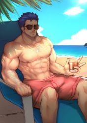 Rule 34 | 1boy, abs, aged up, alex (cerealex), bara, beach, beard, blue eyes, blue hair, chest hair, cup, facial hair, fire emblem, fire emblem heroes, hector (fire emblem), highres, large pectorals, looking at viewer, male focus, male swimwear, manly, muscular, nintendo, nipples, pectorals, red male swimwear, red swim trunks, smile, solo, summer, sunglasses, swim trunks, swimsuit, topless male