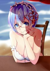Rule 34 | 10s, 1girl, arm support, bad id, bad pixiv id, bare shoulders, beach, beach umbrella, bespectacled, bikini, blue eyes, blue hair, blue sky, blurry, breasts, chair, cleavage, closed mouth, collarbone, day, depth of field, glasses, hair between eyes, hair ornament, hair ribbon, hairband, hairclip, hand on own cheek, hand on own face, head rest, highres, horizon, large breasts, leaning forward, looking at viewer, matching hair/eyes, ocean, outdoors, pov across table, re:zero kara hajimeru isekai seikatsu, red ribbon, rem (re:zero), ribbon, sand, shore, short hair, sitting, sky, smile, solo, sparkle, swimsuit, table, umbrella, upper body, water, white bikini, x hair ornament, xinshijie de akalin