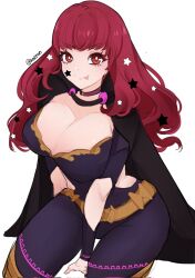 Rule 34 | 1girl, :p, belt, black cape, bodysuit, breasts, cape, choker, cleavage, clothing cutout, facial mark, female focus, fire emblem, fire emblem engage, hair ornament, highres, large breasts, long hair, looking at viewer, matching hair/eyes, nintendo, red eyes, red hair, serafineart1001, side cutout, simple background, smile, solo, star (symbol), star facial mark, star hair ornament, tongue, tongue out, yunaka (fire emblem)