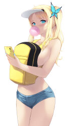 Rule 34 | 1girl, backpack, bag, blonde hair, blue eyes, blue nails, boku wa tomodachi ga sukunai, breasts, blowing bubbles, butterfly hair ornament, cait aron, cellphone, commentary, cowboy shot, front backpack, hair ornament, highres, holding, holding phone, kashiwazaki sena, large breasts, long hair, looking at viewer, micro shorts, nail polish, phone, ponytail, shorts, sidelocks, simple background, smartphone, solo, symbol-only commentary, topless, visor cap, white background