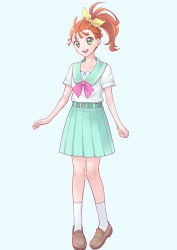 Rule 34 | 1girl, :d, aozora middle school uniform, blue background, brown footwear, brown hair, collarbone, commentary request, full body, green eyes, green sailor collar, green skirt, hair ribbon, highres, loafers, natsuumi manatsu, ogry ching, open mouth, pleated skirt, precure, ribbon, round teeth, sailor collar, school uniform, serafuku, shirt, shoes, side ponytail, simple background, skirt, smile, socks, solo, standing, teeth, tropical-rouge! precure, upper teeth only, white shirt, white socks, yellow ribbon