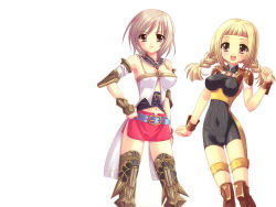 Rule 34 | 00s, 2girls, :d, ashelia b&#039;nargin dalmasca, black bodysuit, blonde hair, blush, bodysuit, boots, braid, brown eyes, brown footwear, brown hair, contrapposto, final fantasy, final fantasy xii, hand on own hip, highres, looking at viewer, multiple girls, open mouth, penelo, short hair, simple background, skin tight, smile, standing, thighhighs, twin braids, white background