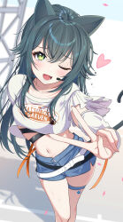 1girl ;d absurdres animal_ears belt blurry blurry_background bodypaint cat_ears cat_tail collarbone denim denim_shorts fang feet_out_of_frame fingernails gakuen_idolmaster green_eyes green_hair headset heart highres idolmaster looking_at_viewer loose_belt navel one_eye_closed open_mouth paw_print shirt short_shorts shorts sikimosh skin_fang smile solo sweat tail thigh_strap thighhighs tsukimura_temari v white_arm_warmers white_shirt