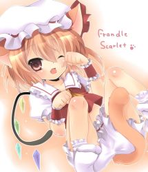 Rule 34 | 1girl, animal ears, ascot, blonde hair, bloomers, cat ears, cat girl, cat tail, colorized, embodiment of scarlet devil, english text, engrish text, fang, female focus, flandre scarlet, highres, kemonomimi mode, lying, necktie, no pants, on back, one eye closed, open mouth, paw pose, ranguage, red eyes, shirt, side ponytail, socks, solo, tail, touhou, underwear, white socks, wings, wink, wrist cuffs, wristband, yumemomosaka