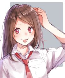Rule 34 | 1girl, arm up, bad id, bad pixiv id, blush, brown hair, closed mouth, collared shirt, hami yura, hand on own head, highres, long hair, looking to the side, necktie, original, pink eyes, red necktie, school uniform, shirt, sketch, smile, solo, tehepero, tongue, tongue out, uniform, upper body, white shirt