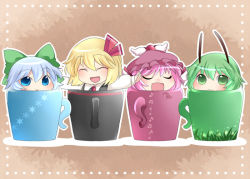 Rule 34 | 4girls, antennae, bad id, bad pixiv id, blonde hair, blue eyes, blue hair, bow, cirno, closed eyes, cup, green eyes, green hair, hair bow, hair ribbon, hammer (sunset beach), hat, in container, in cup, multiple girls, mystia lorelei, open mouth, outstretched arms, pink hair, ribbon, rumia, smile, team 9 (touhou), touhou, wriggle nightbug