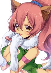 Rule 34 | 1girl, animal ears, animal hands, armlet, breasts, cleavage, cleavage cutout, clothing cutout, commentary request, fur trim, gloves, heart cutout, high ponytail, large breasts, leotard, long hair, looking at viewer, murata tefu, open mouth, paw gloves, perisie (star ocean), simple background, smile, solo, standing, star ocean, star ocean first departure, tail, very long hair