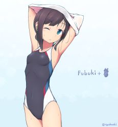 Rule 34 | 10s, 1girl, alternate costume, arms up, black hair, blue eyes, breasts, character name, competition swimsuit, covered navel, fubuki (kancolle), gradient background, highres, kantai collection, nakaaki masashi, one-piece swimsuit, one eye closed, ponytail, small breasts, solo, swimsuit, wet