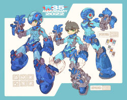 Rule 34 | 1boy, android, arm cannon, armor, blue border, blue gloves, blue headwear, border, brown hair, character name, character sheet, clenched hand, closed mouth, concept art, copyright name, dated, english text, full body, gloves, green eyes, gun, helmet, joints, looking at viewer, machinery, male focus, mechanical arms, mega man (character), mega man (classic), mega man (series), multiple views, nakayama tooru, redesign, robot, robot joints, science fiction, short hair, smile, standing, unworn headwear, unworn helmet, weapon, white background