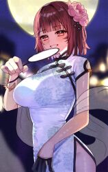 Rule 34 | 1girl, atelier (series), atelier sophie, black gloves, blurry, blurry background, breasts, china dress, chinese clothes, dress, flower, full moon, gloves, hair flower, hair ornament, highres, holding, large breasts, looking at viewer, moon, night, night sky, outdoors, pink flower, red eyes, red hair, ryuuno6, short hair, sky, smile, solo, sophie neuenmuller, white dress