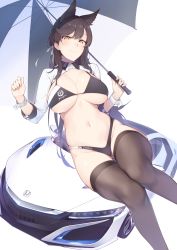 Rule 34 | 1girl, absurdres, animal ears, atago (azur lane), atago (stunning speedster) (azur lane), azur lane, bikini, black bikini, black hair, black thighhighs, blush, breasts, car, cleavage, closed mouth, enosan, extra ears, highres, large breasts, long hair, looking at viewer, motor vehicle, shrug (clothing), simple background, smile, solo, swept bangs, swimsuit, thighhighs, thighs, white background