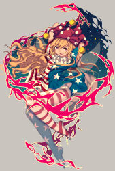 Rule 34 | 1girl, american flag, american flag dress, american flag legwear, american flag shirt, arms behind head, arms up, blonde hair, clownpiece, collar, dress, fairy wings, frilled collar, frilled shirt collar, frills, hat, highres, jester cap, leggings, long hair, looking at viewer, neck ruff, open mouth, pantyhose, pink eyes, polka dot, rhea (0u0), short sleeves, smile, solo, star (symbol), striped clothes, striped pantyhose, touhou, wind, wind lift, wings