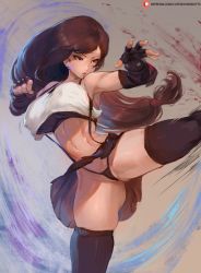 Rule 34 | 1girl, abs, black gloves, black hair, black tank top, breasts, brown eyes, brown hair, clenched hands, covered erect nipples, cutesexyrobutts, detached sleeves, earrings, elbow gloves, fighting stance, final fantasy, final fantasy vii, final fantasy vii remake, fingerless gloves, gloves, gluteal fold, high kick, highres, jewelry, kicking, large breasts, leg up, lips, long hair, low-tied long hair, midriff, miniskirt, navel, nipples, nose, panties, pantyshot, plaid, plaid skirt, shirt, skirt, sleeveless, solo, solo focus, standing, standing on one leg, studded gloves, suspender skirt, suspenders, tank top, thighhighs, thighs, tifa lockhart, tight clothes, tight shirt, toned, underwear, upskirt, very long hair, white panties, white tank top, white top