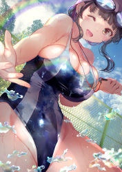 Rule 34 | 1girl, ;d, absurdres, blue one-piece swimsuit, blue sky, blush, breasts, brown eyes, brown hair, cloud, competition swimsuit, day, goggles, goggles on head, highres, large breasts, mole, mole under eye, ogata tei, one-piece swimsuit, one eye closed, open mouth, original, outdoors, rainbow, sky, smile, swimsuit, thighs, water, wet, wet clothes, wet swimsuit
