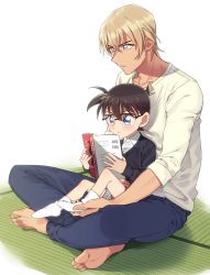 Rule 34 | 2boys, amuro tooru, arm around waist, barefoot, black-framed eyewear, black cardigan, blonde hair, blue eyes, blue pants, blush, book, brown hair, cardigan, casual, child, closed mouth, collarbone, collared shirt, commentary request, edogawa conan, full body, glasses, grey shorts, hair between eyes, holding, holding another&#039;s foot, holding book, indian style, k (gear labo), long sleeves, looking down, male focus, meitantei conan, multiple boys, no shoes, on floor, open book, pants, reading, shirt, short hair, shorts, simple background, sitting, sitting on lap, sitting on person, socks, tatami, white background, white legwear, white shirt