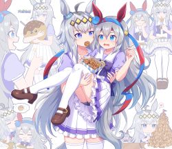 Rule 34 | 2girls, :d, :t, absurdres, ahoge, anger vein, animal ears, black shorts, blue bow, blue eyes, blue hairband, blue shirt, blush, bow, brown footwear, carrying, closed eyes, closed mouth, commentary request, eating, fang, food, food in mouth, frilled skirt, frills, grey hair, hair between eyes, hairband, heart, highres, horse ears, horse girl, horse tail, kaoling, long hair, mouth hold, multicolored hair, multiple girls, nibbling, hugging object, oguri cap (umamusume), open mouth, palms together, plate, pleated skirt, princess carry, puffy short sleeves, puffy sleeves, red hairband, school uniform, shirt, shoes, short shorts, short sleeves, shorts, shorts under skirt, sitting, skirt, smile, spoken heart, stuffed toy, tail, takoyaki, tamamo cross (umamusume), thighhighs, thumbs up, tracen school uniform, two-tone hair, umamusume, v-shaped eyebrows, very long hair, wavy mouth, white skirt, white thighhighs