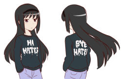 Rule 34 | 10s, 1girl, akemi homura, alternate costume, ange (angeban93), black hair, black hairband, blush, casual, clothes writing, commentary, denim, english text, fashion, female focus, flat chest, hairband, hands in pockets, jeans, long hair, long sleeves, mahou shoujo madoka magica, mahou shoujo madoka magica (anime), multiple views, pants, purple eyes, simple background, solo, sweater, white background