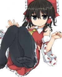 Rule 34 | 1girl, ascot, black eyes, black hair, black pantyhose, bow, closed mouth, commentary request, detached sleeves, golgi hon, hair between eyes, hair bow, hair tubes, hakurei reimu, highres, jitome, knees together feet apart, looking at viewer, miniskirt, no shoes, pantyhose, red bow, ribbon-trimmed sleeves, ribbon trim, short hair, sidelocks, simple background, skirt, smile, solo, touhou, white background, wide sleeves