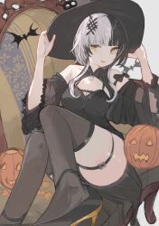 Rule 34 | 1girl, absurdres, bat (animal), black hair, black hat, breasts, candy, cleavage, couch, dimas (dimas79756948), food, grey hair, hat, highres, hololive, hololive english, jack-o&#039;-lantern, large breasts, long hair, looking at viewer, lower teeth only, multicolored hair, on couch, parted lips, pumpkin, shiori novella, sitting, smile, solo, split-color hair, teeth, virtual youtuber, wide sleeves, witch hat, yellow eyes