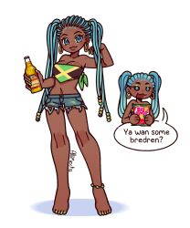 1girl allimocha alternate_skin_color bikini bikini_top_only blue_eyes bottle breasts chibi commentary dark-skinned_female dark_skin earrings green_hair hatsune_miku highres holding holding_bottle jamaica jamaican_flag jewelry lips long_hair medium_breasts navel necklace open_mouth smile solo speech_bubble swimsuit twintails very_long_hair vocaloid worldwide_miku