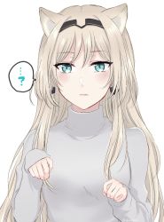 Rule 34 | ...?, 1girl, an-94 (girls&#039; frontline), animal ears, aqua eyes, bad id, bad twitter id, black hairband, blonde hair, blush, cat ears, closed mouth, girls&#039; frontline, grey shirt, hairband, highres, lips, long hair, looking at viewer, paw pose, shirt, solo, sui (camellia), turtleneck, upper body, white background