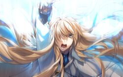 Rule 34 | 1boy, arm up, ascot, blonde hair, blue ascot, blue brooch, blue eyes, brooch, buttons, cape, casting spell, fate/grand order, fate (series), feathers, formal, frilled sleeves, frills, gloves, hair over one eye, highres, jacket, jewelry, kirschtaria wodime, long hair, long sleeves, looking at viewer, magic, male focus, open mouth, phi luna, shirt, shouting, sleeve cuffs, solo, suit, teeth, upper body, white cape, white feathers, white gloves, white jacket, white shirt, white suit, wind