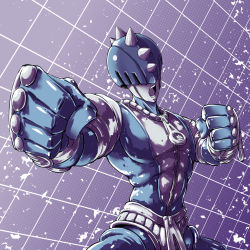 Rule 34 | clenched hands, fighting stance, fish.boy, foreshortening, halftone, halftone background, highres, jojo no kimyou na bouken, no humans, open mouth, solo, spikes, stand (jojo), sticky fingers (stand), vento aureo, zipper