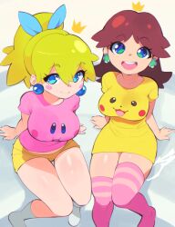 Rule 34 | 2girls, :d, aetherion, blonde hair, blue eyes, blush, brown hair, character print, creatures (company), earrings, flipped hair, game freak, gen 1 pokemon, highres, jewelry, kirby, kirby (series), long shirt, looking at viewer, mario (series), multiple girls, nintendo, open mouth, pikachu, pink shirt, pokemon, ponytail, princess daisy, princess peach, print shirt, shirt, shorts, sitting, smile, sphere earrings, thighhighs, yellow shirt, yellow shorts