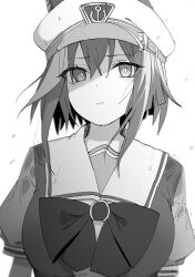 Rule 34 | 1girl, absurdres, animal ears, bow, bowtie, breasts, cheval grand (umamusume), closed mouth, ears through headwear, greyscale, hat, highres, horse ears, horse girl, large breasts, looking at viewer, luca hello 0520, medium breasts, monochrome, peaked cap, portrait, rain, sailor collar, school uniform, serafuku, shirt, short hair, short sleeves, solo, tearing up, umamusume, water drop, wet, wet clothes, wet shirt, white background