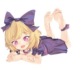 Rule 34 | 1girl, ankle ribbon, barefoot, black bow, black dress, blonde hair, blush, bow, chaosexceed, collar, commentary, commission, dress, elly (tonari no kyuuketsuki-san), english commentary, feet, full body, hair bow, heart collar, leg ribbon, looking at viewer, lying, mixed-language commentary, on stomach, open mouth, pixiv commission, purple eyes, ribbon, short hair, short sleeves, simple background, smile, soles, solo, the pose, toes, tonari no kyuuketsuki-san, white background