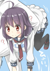 Rule 34 | 10s, 1boy, 1girl, ?, absurdres, admiral (kancolle), ahoge, black pantyhose, blue background, breasts, carrying, carrying under arm, clothes lift, highres, kantai collection, large breasts, long hair, low twintails, necktie, pantyhose, purple hair, red eyes, ryuki (ryukisukune), sandals, school uniform, serafuku, signature, simple background, skirt, skirt lift, smile, taigei (kancolle), take it home, twintails
